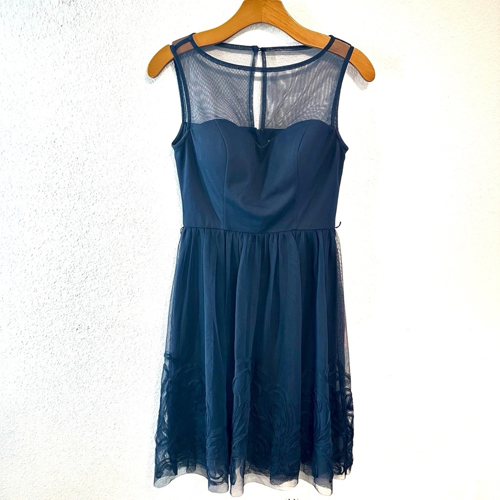 Eliza J Dress Illusion Neckline Fit Flare Sleeveless Cocktail Dress XS Navy Blue